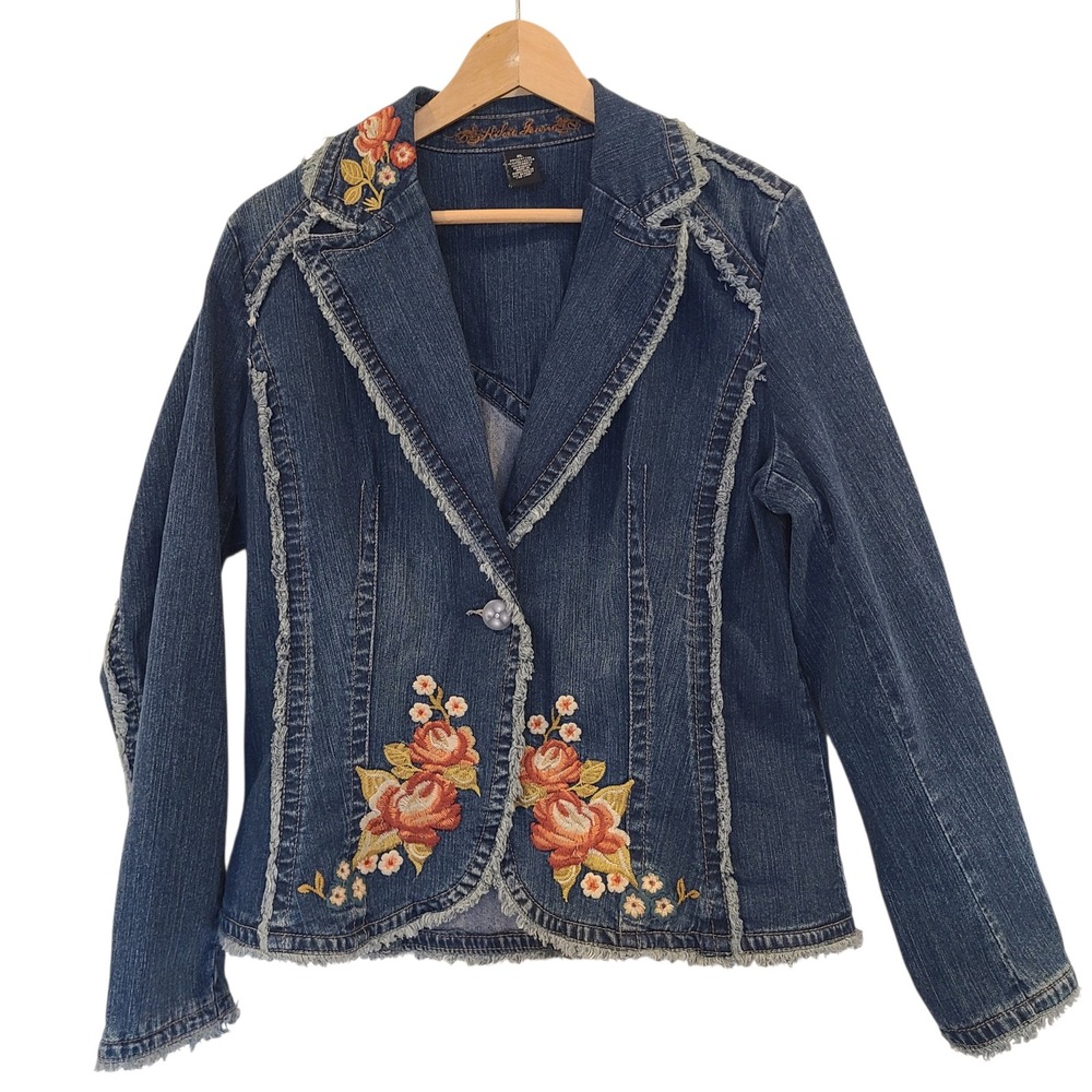 Kikit Jeans Womens XL Y2K Denim Blazer Floral Embroidered Frayed Western Jacket